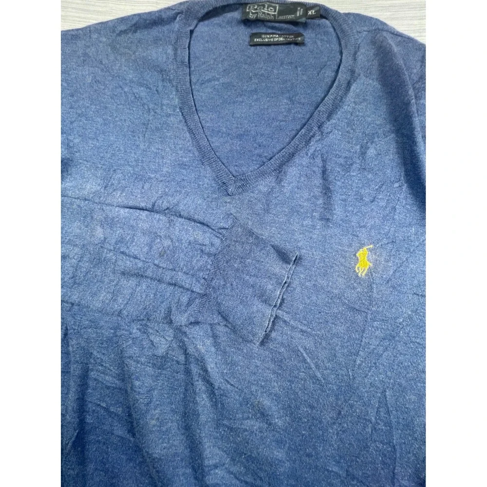 Polo Ralph Lauren Mens XL Blue‎ Pima Cotton V-Neck Sweater Yellow Pony Logo